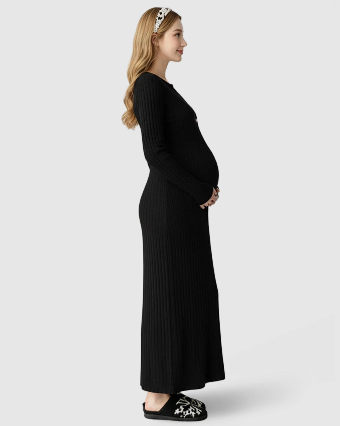 Ribbed Knit A-Line Long Sleeve Maternity Maxi Dress