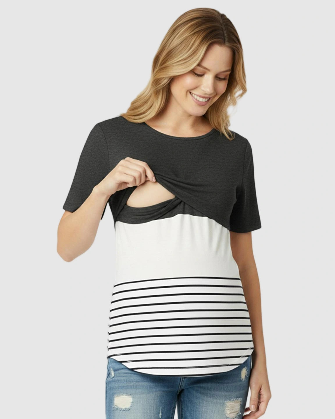 Hidden Nursing Access Colorblock Striped Maternity Top