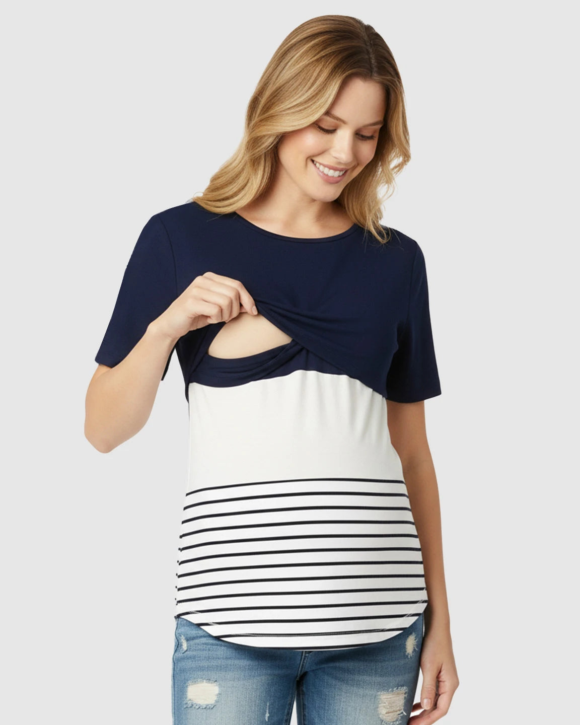 Hidden Nursing Access Colorblock Striped Maternity Top