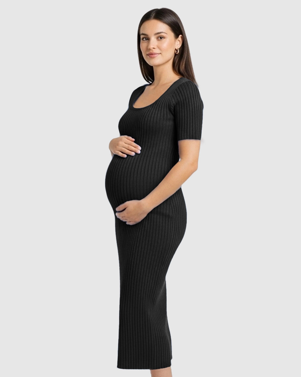 Ribbed Knit Square Neck Bodycon Maternity Midi Dress