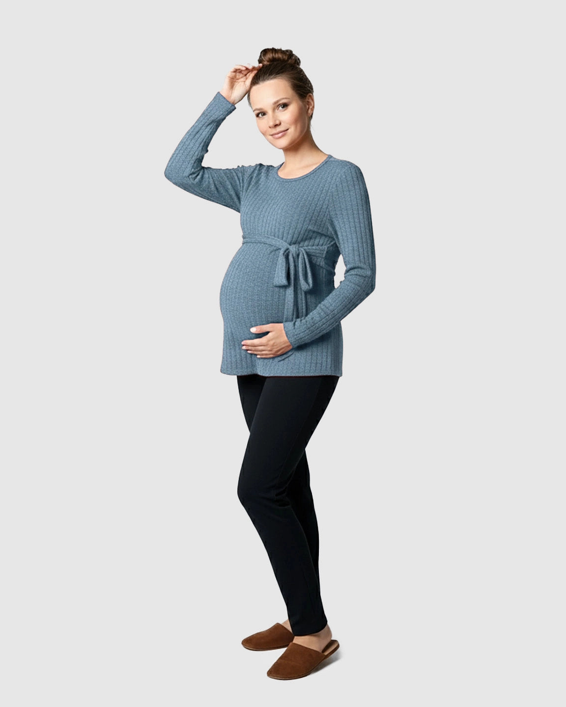 Ribbed Knit Tie-Waist Long Sleeve Maternity Top