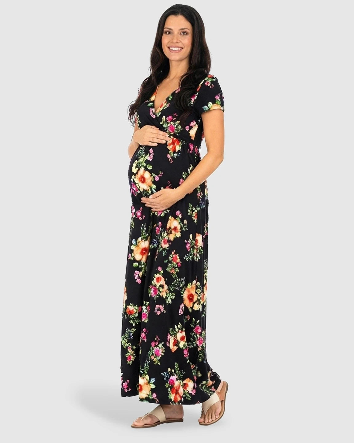 Floral V-Neck Short Sleeve Maternity Maxi Dress