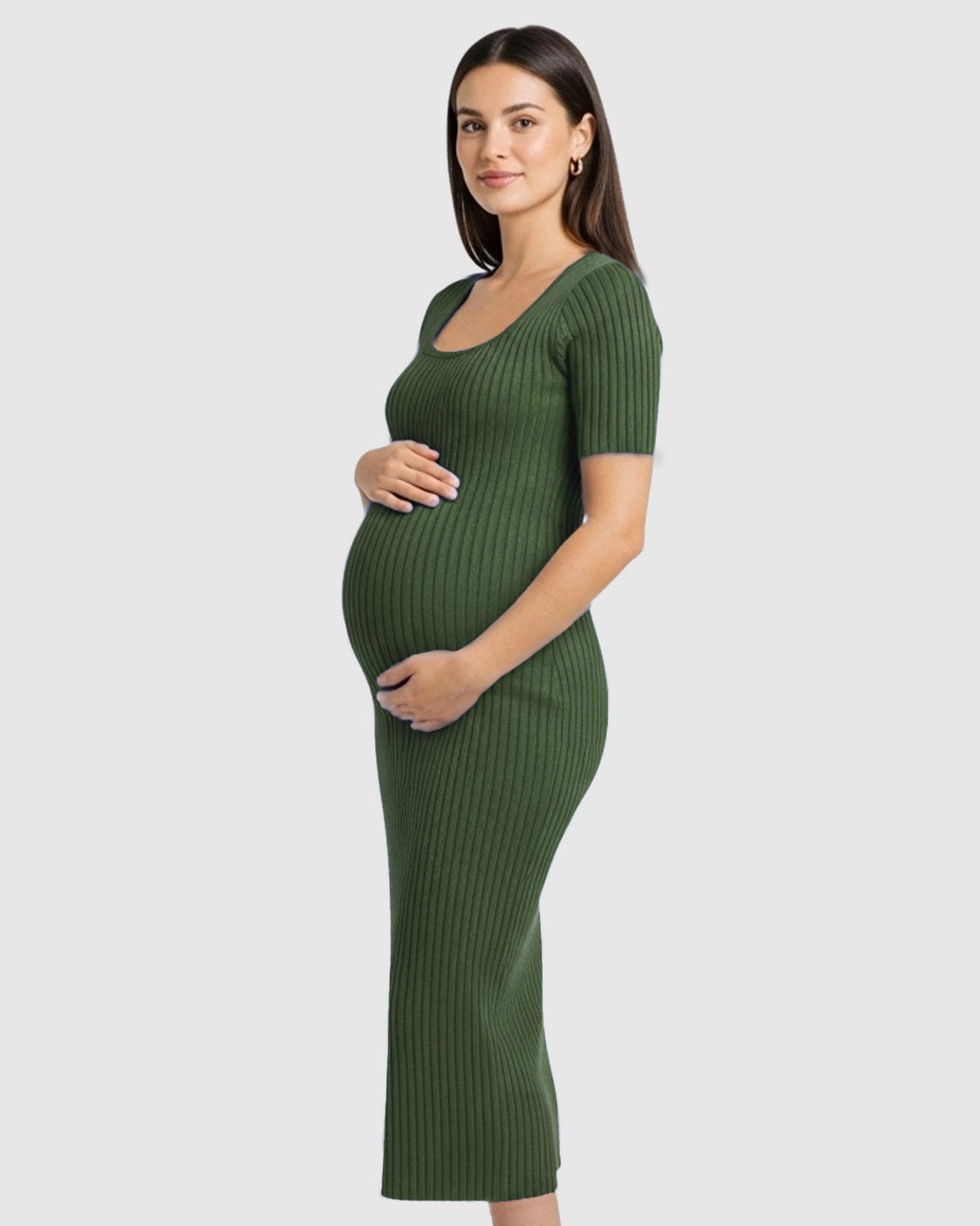Ribbed Knit Square Neck Bodycon Maternity Midi Dress