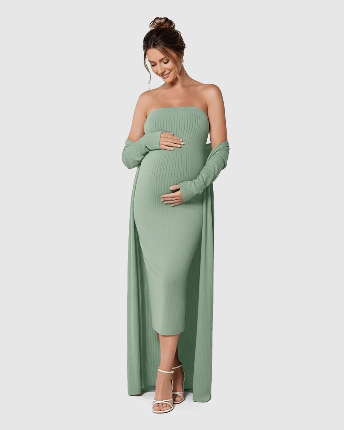 Elegant Ribbed Two-Piece Maternity Dress with Cardigan