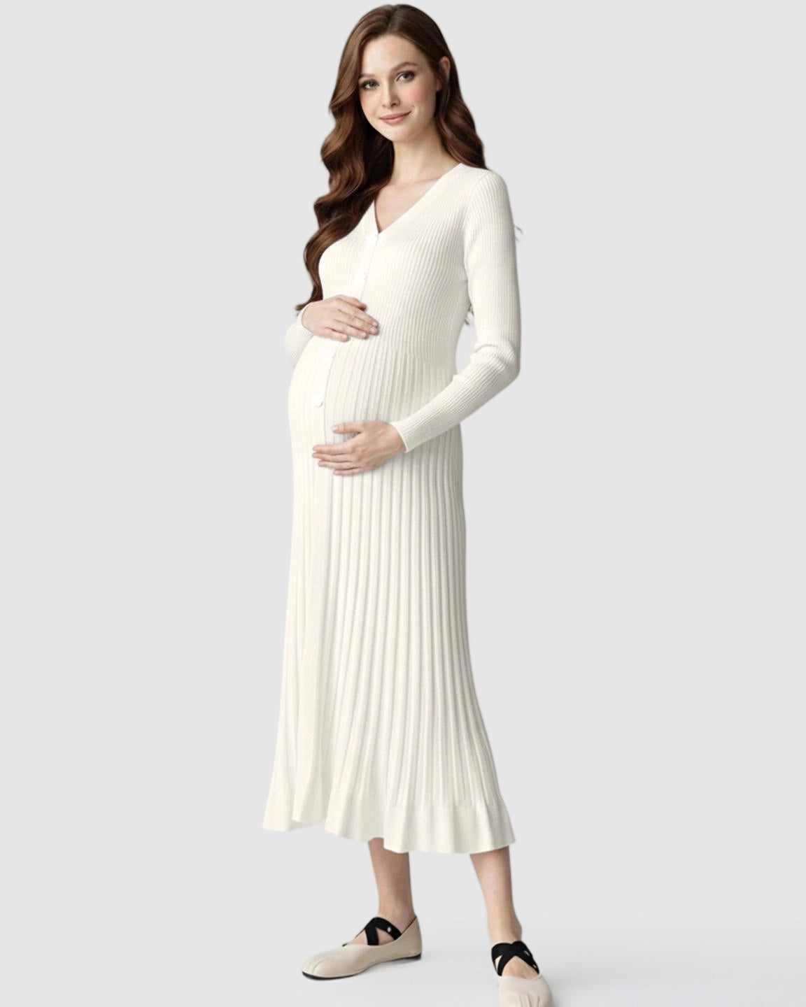 Ribbed Knit Long Sleeve Maternity Midi Dress