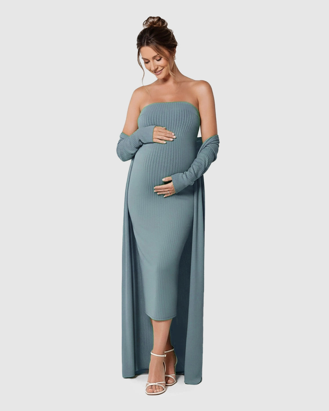 Elegant Ribbed Two-Piece Maternity Dress with Cardigan