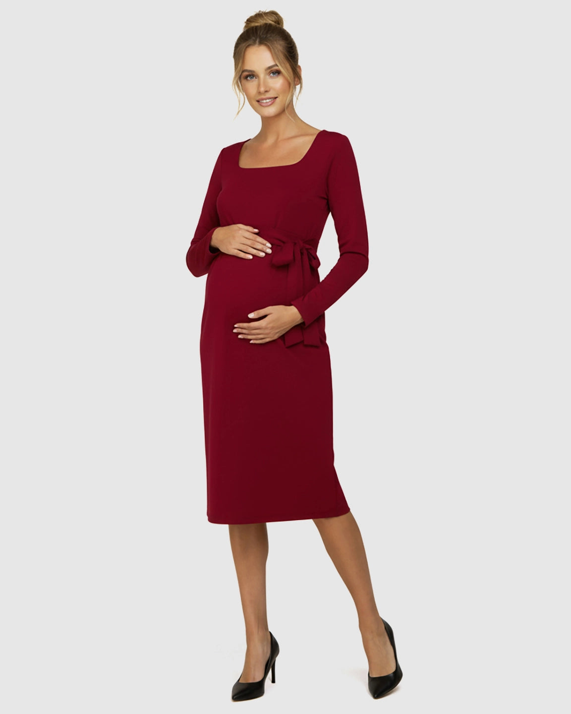 Square Neck Tie-Waist Bodycon Maternity Midi Dress