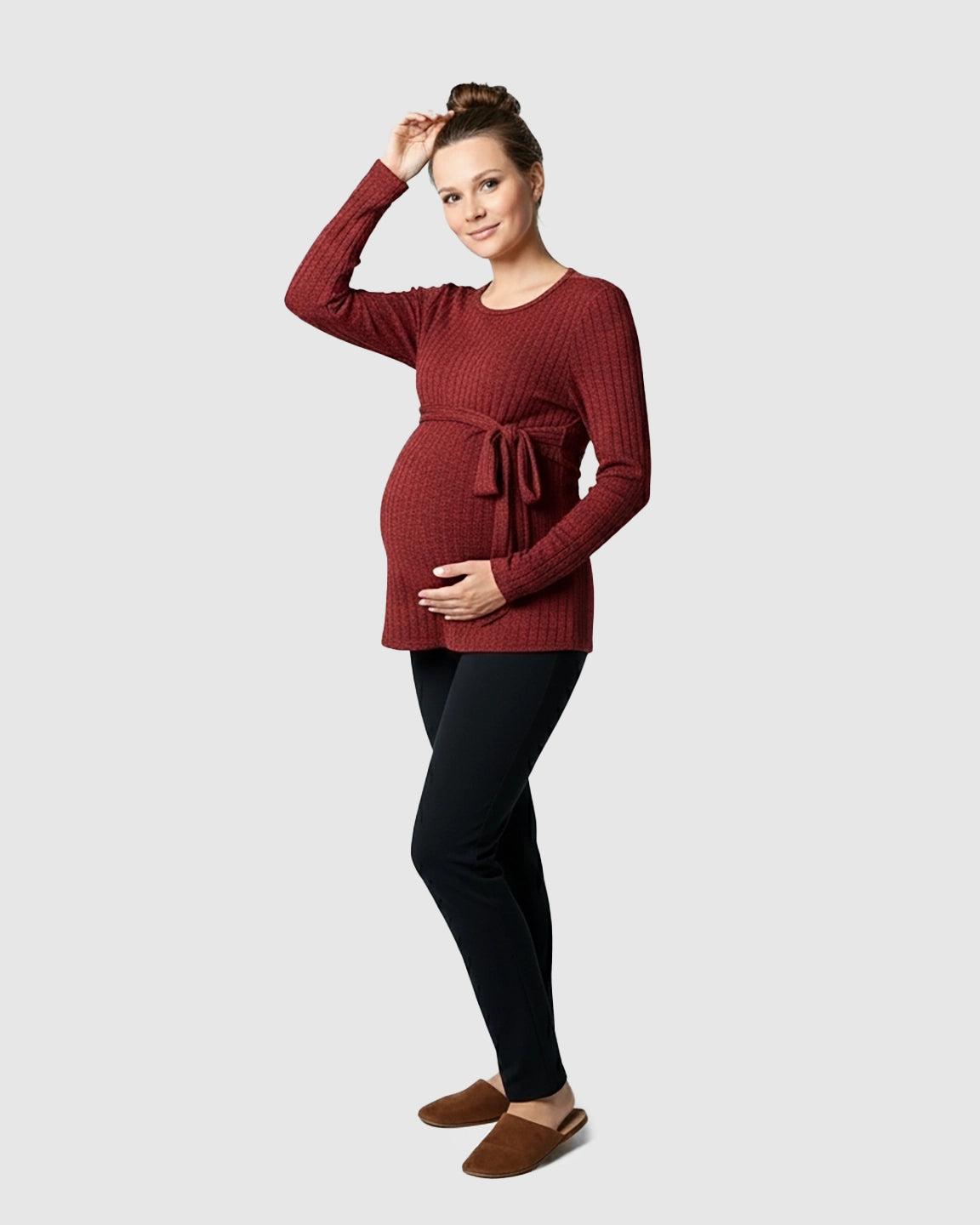 Ribbed Knit Tie-Waist Long Sleeve Maternity Top