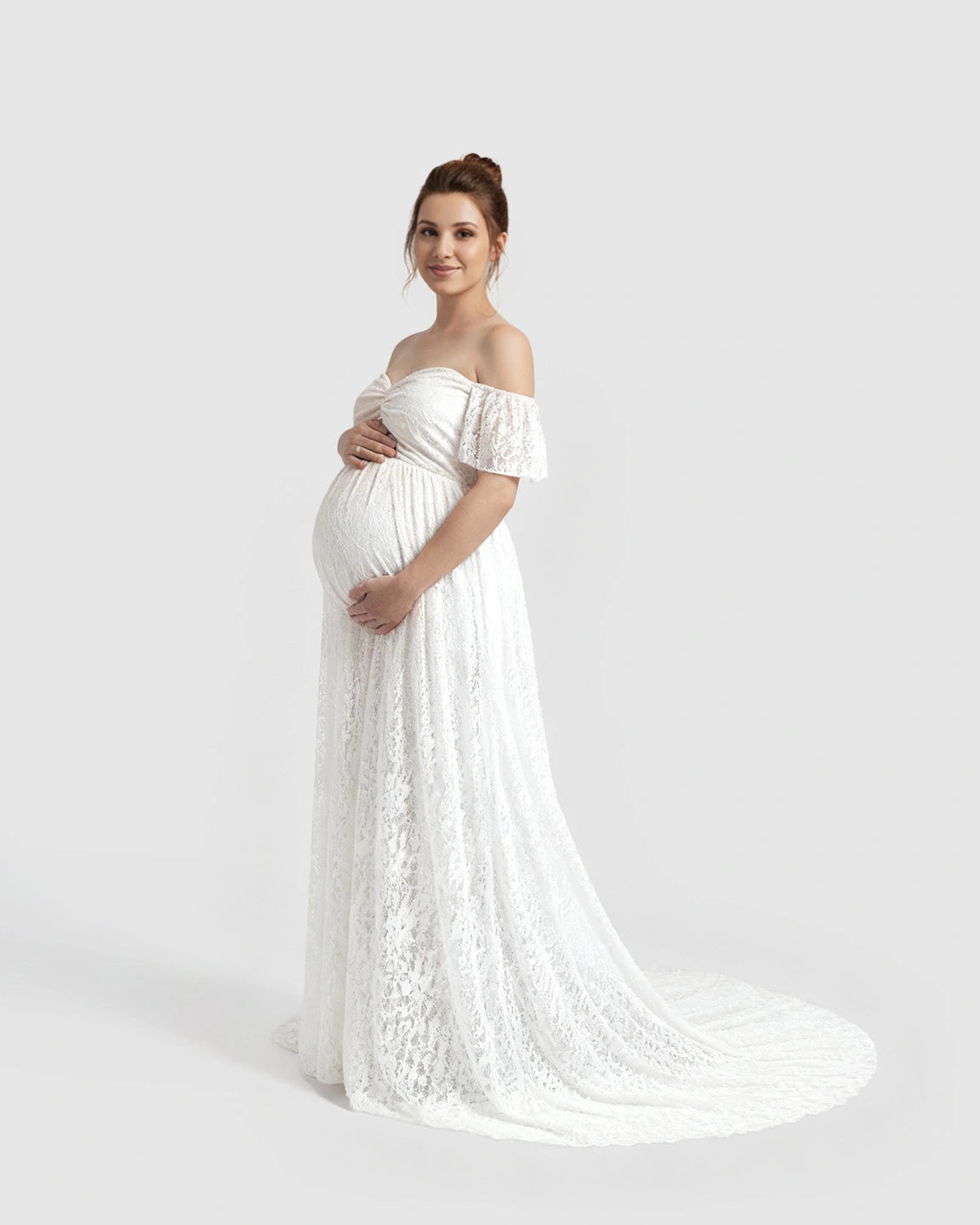 Off-Shoulder Flowing Lace Maternity Maxi Dress