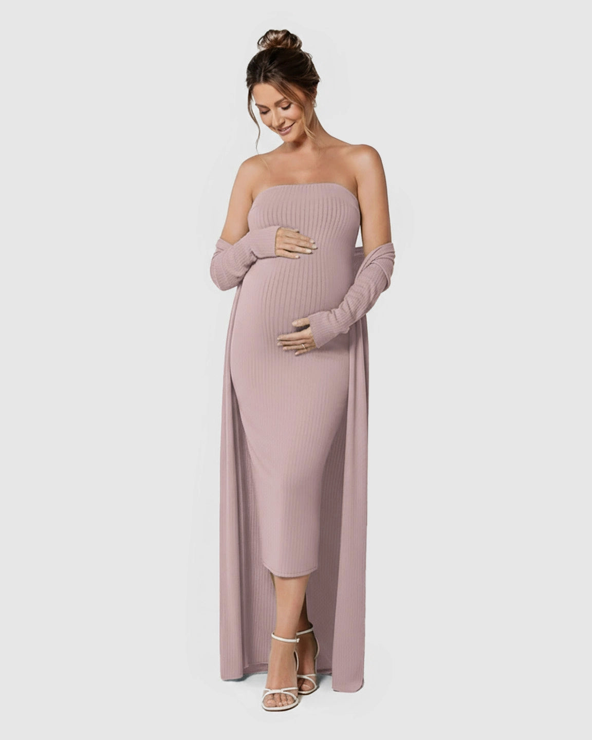 Elegant Ribbed Two-Piece Maternity Dress with Cardigan