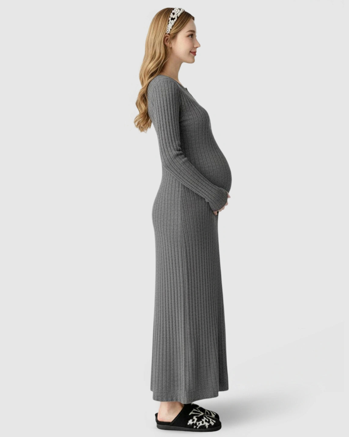 Ribbed Knit A-Line Long Sleeve Maternity Maxi Dress