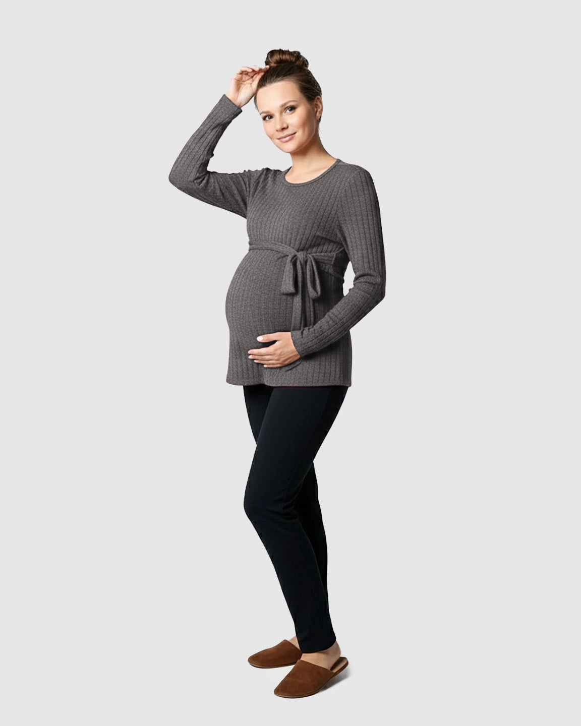Ribbed Knit Tie-Waist Long Sleeve Maternity Top