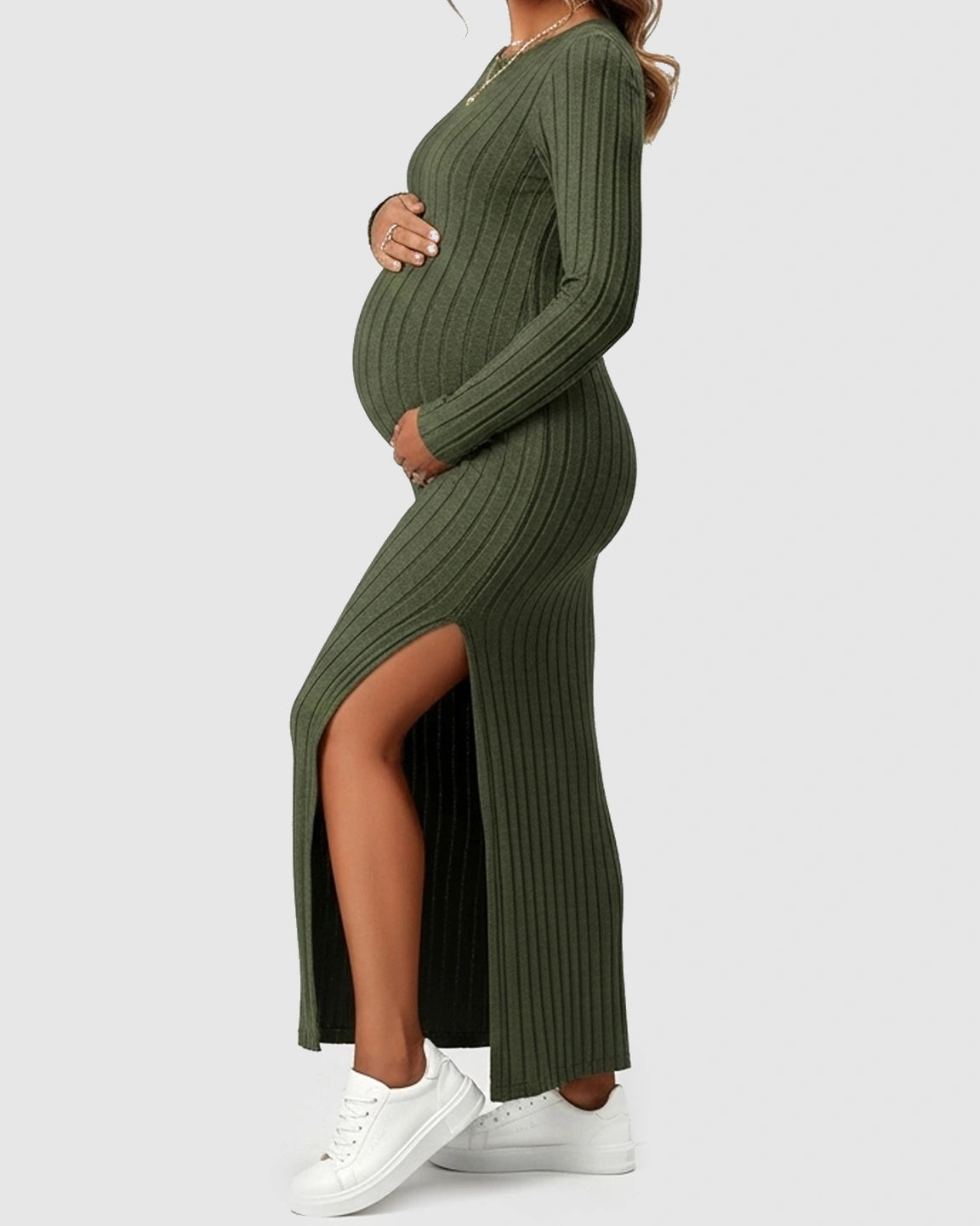 Ribbed Knit Maternity Maxi Dress with Side Slit