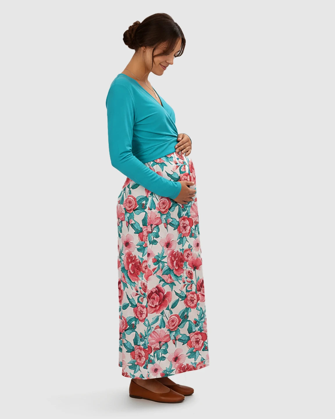 V-Neck Floral Print Faux Two-Piece Maternity Maxi Dress