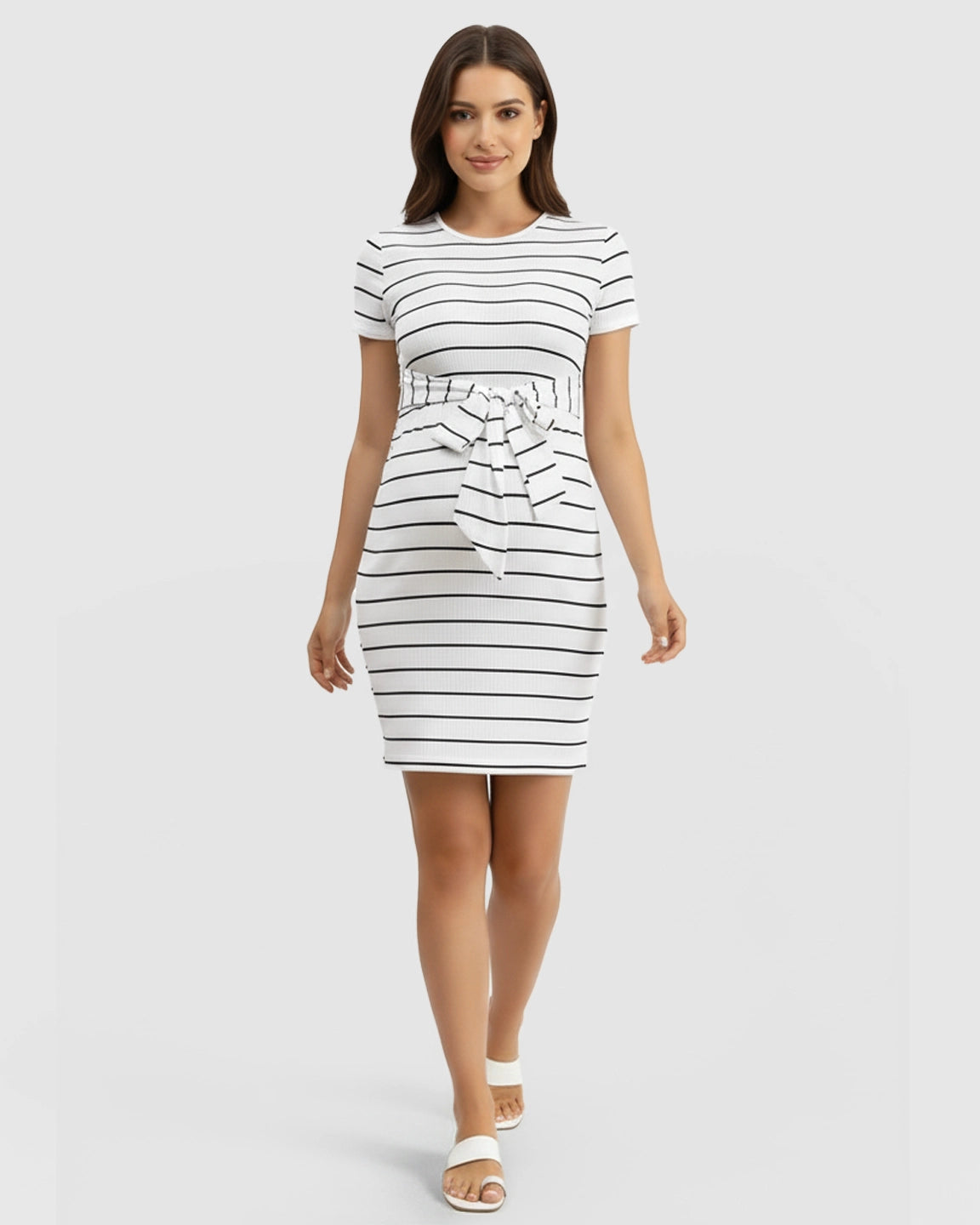 Striped Belted Waist Bodycon Maternity Short Dress