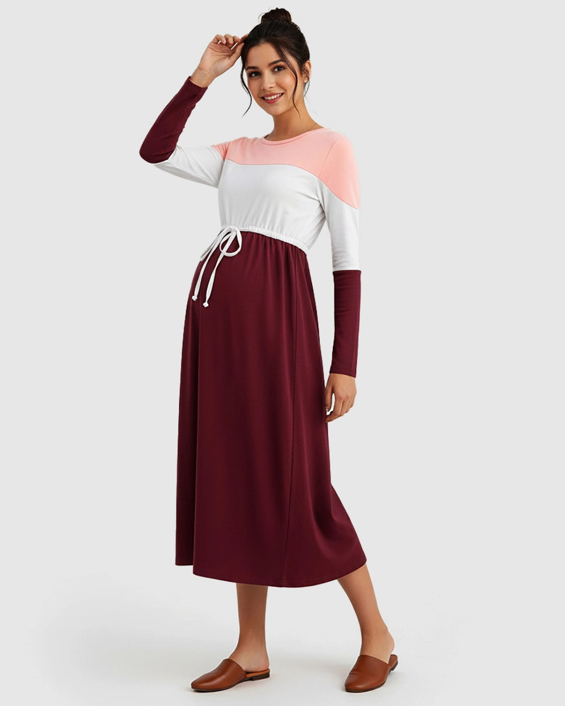 Color-Block Off-Shoulder Drawstring Waist Maternity Dress