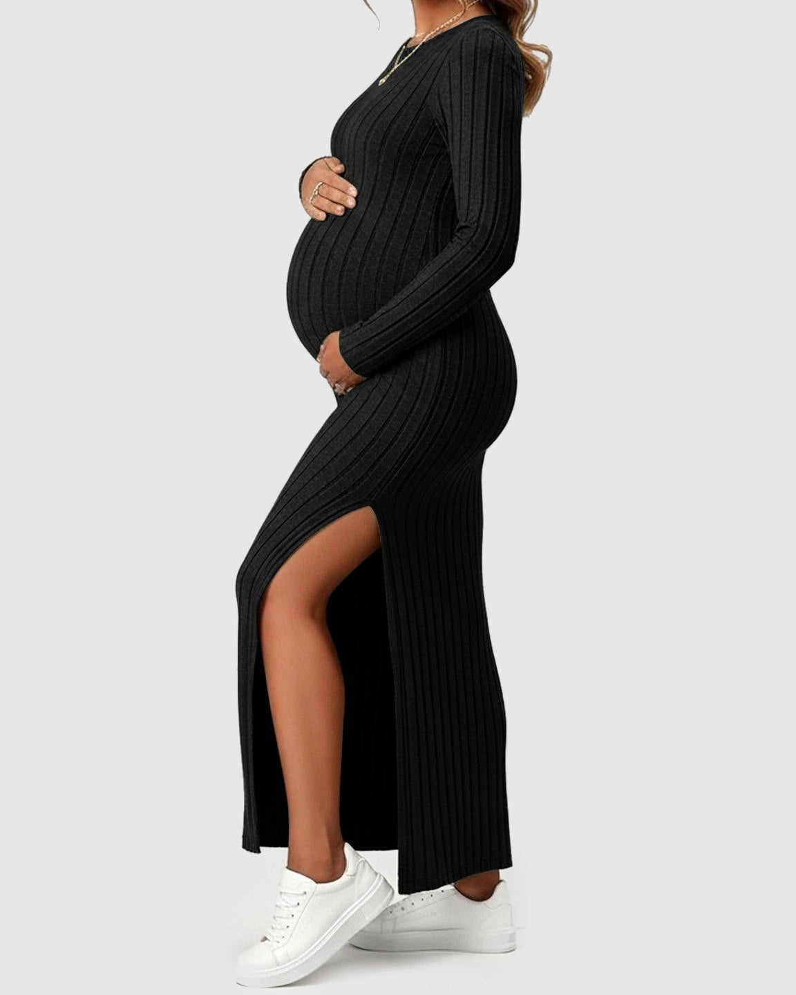 Ribbed Knit Maternity Maxi Dress with Side Slit