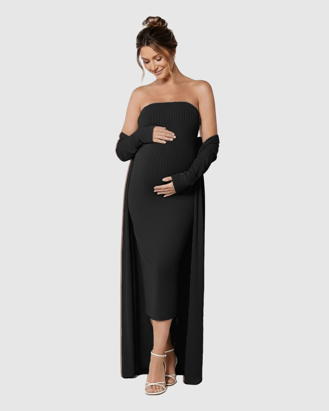 Elegant Ribbed Two-Piece Maternity Dress with Cardigan