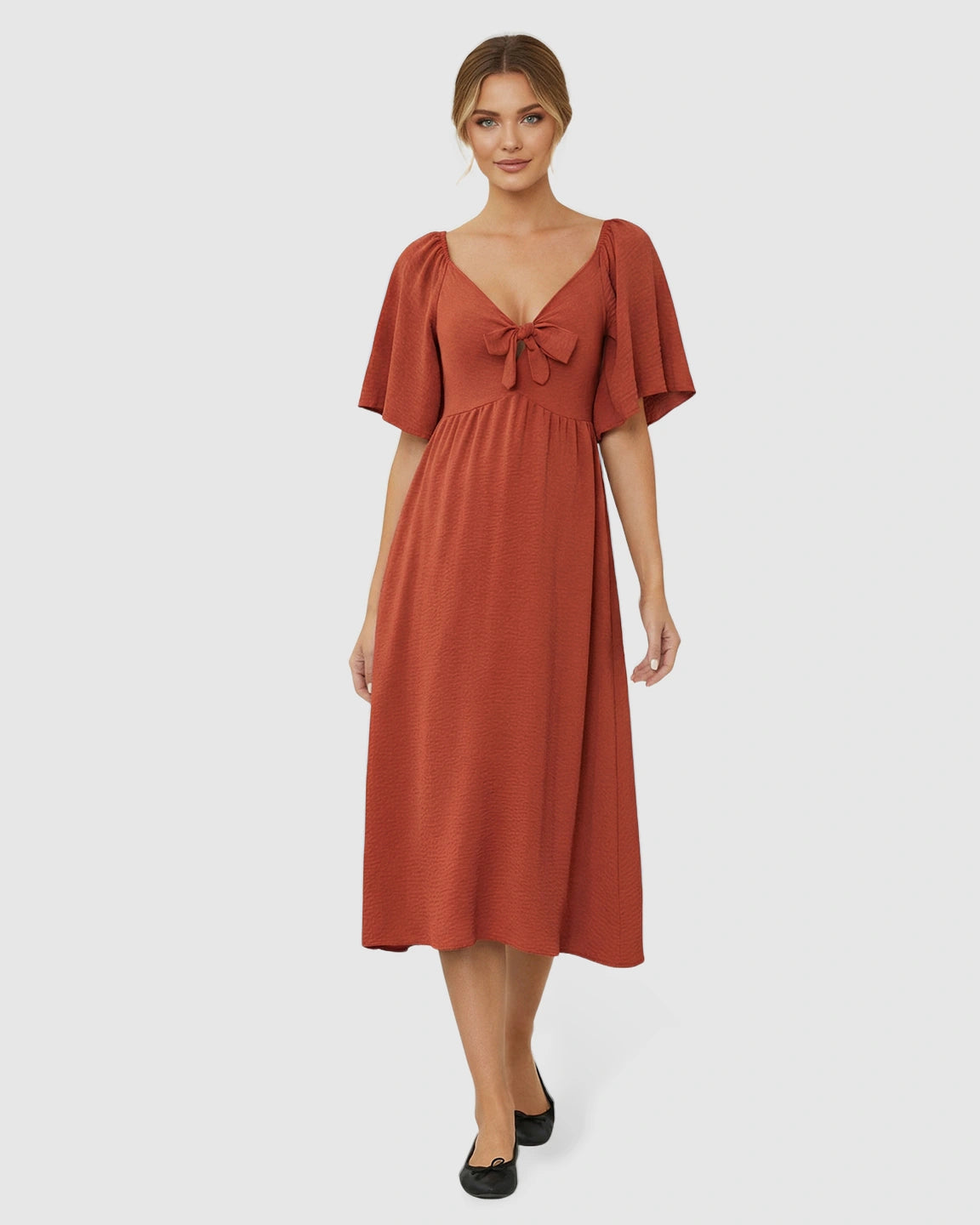 Tie-Knot Front Swing Silhouette Maternity Midi Dress