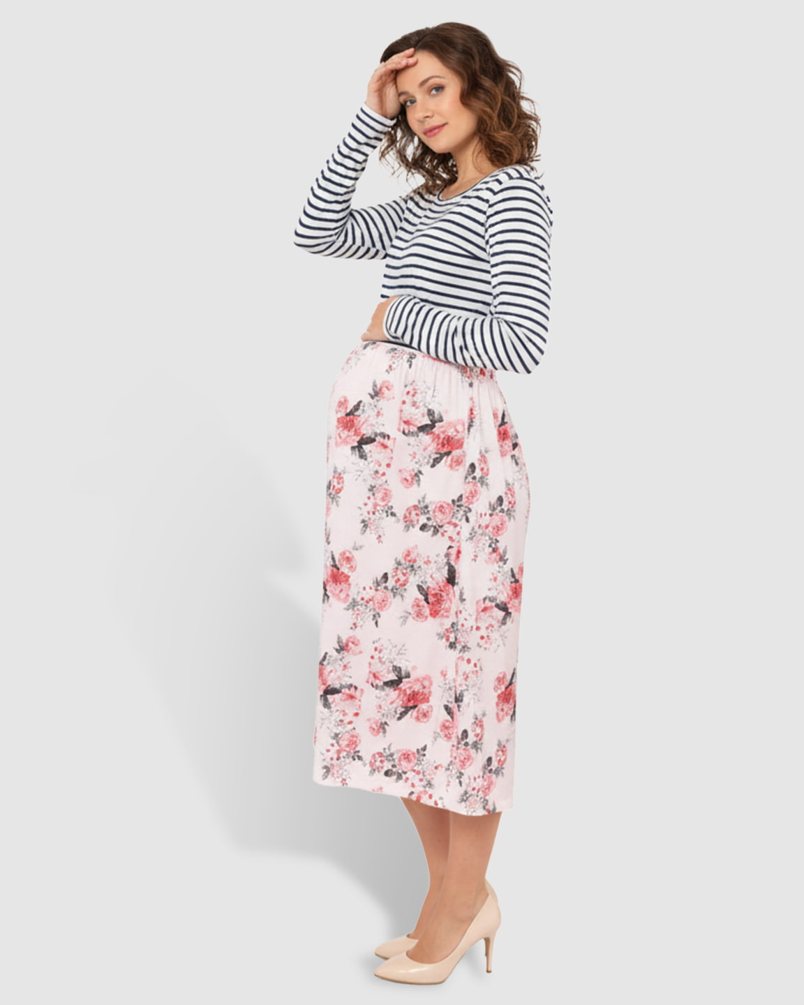 Striped Top Floral Skirt Nursing & Maternity Midi Dress