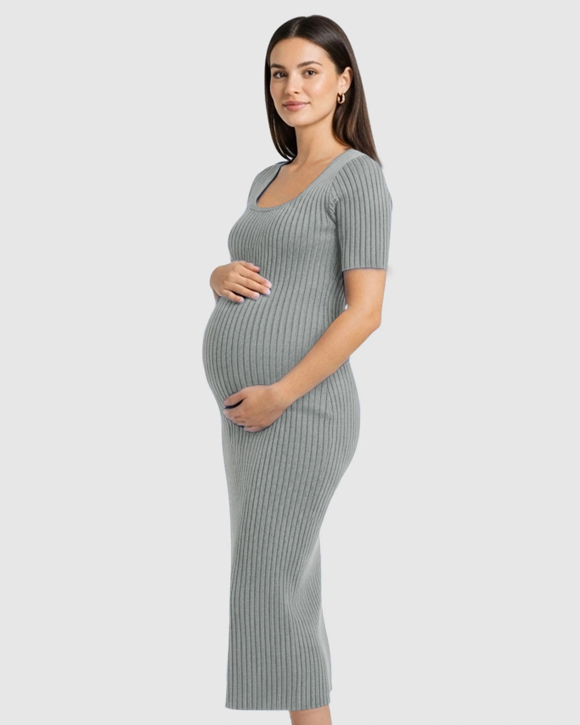Ribbed Knit Square Neck Bodycon Maternity Midi Dress