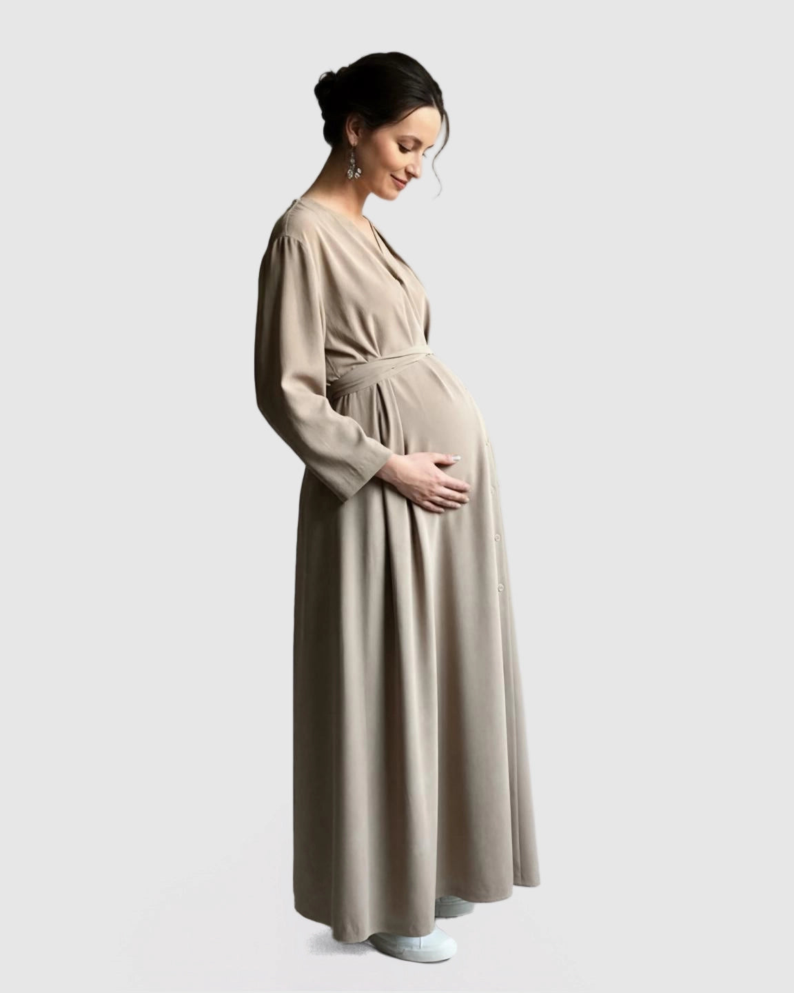Long Sleeve V-Neck Maternity Maxi Dress with Adjustable Waist