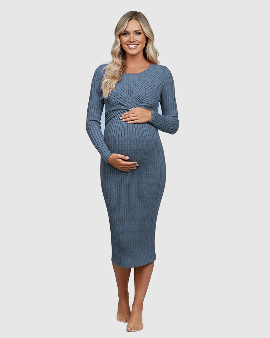 Knot Front Long Sleeve Maternity Midi Dress