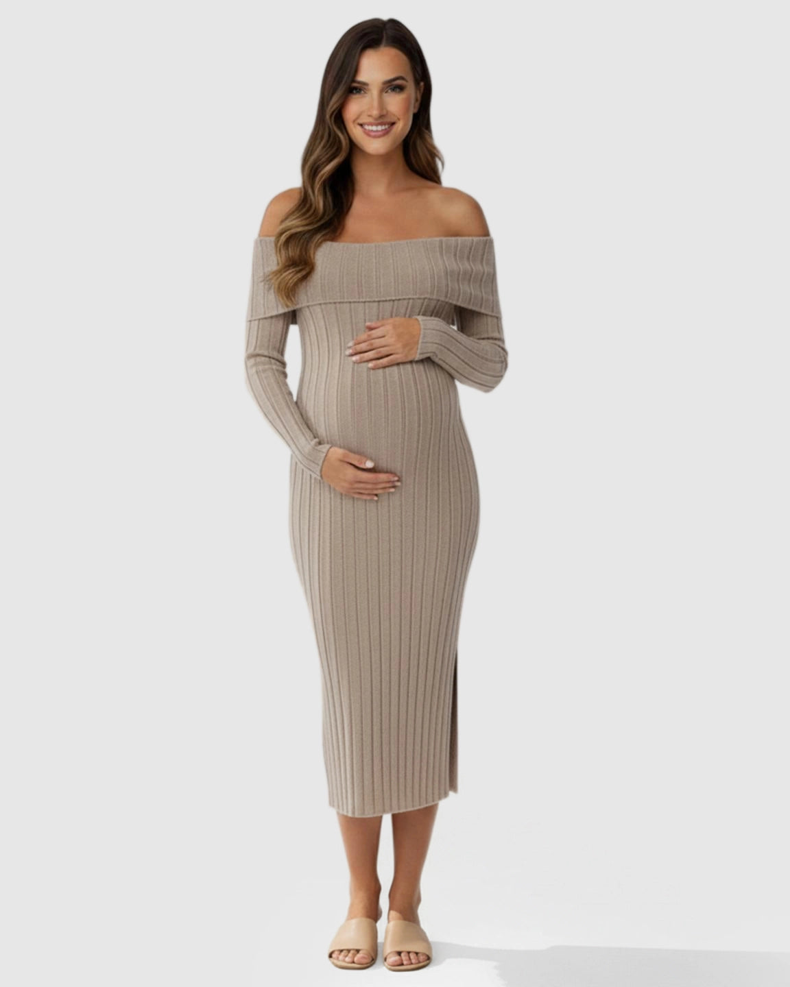 Ribbed Off-Shoulder Bodycon Maternity Midi Dress with Side Slit