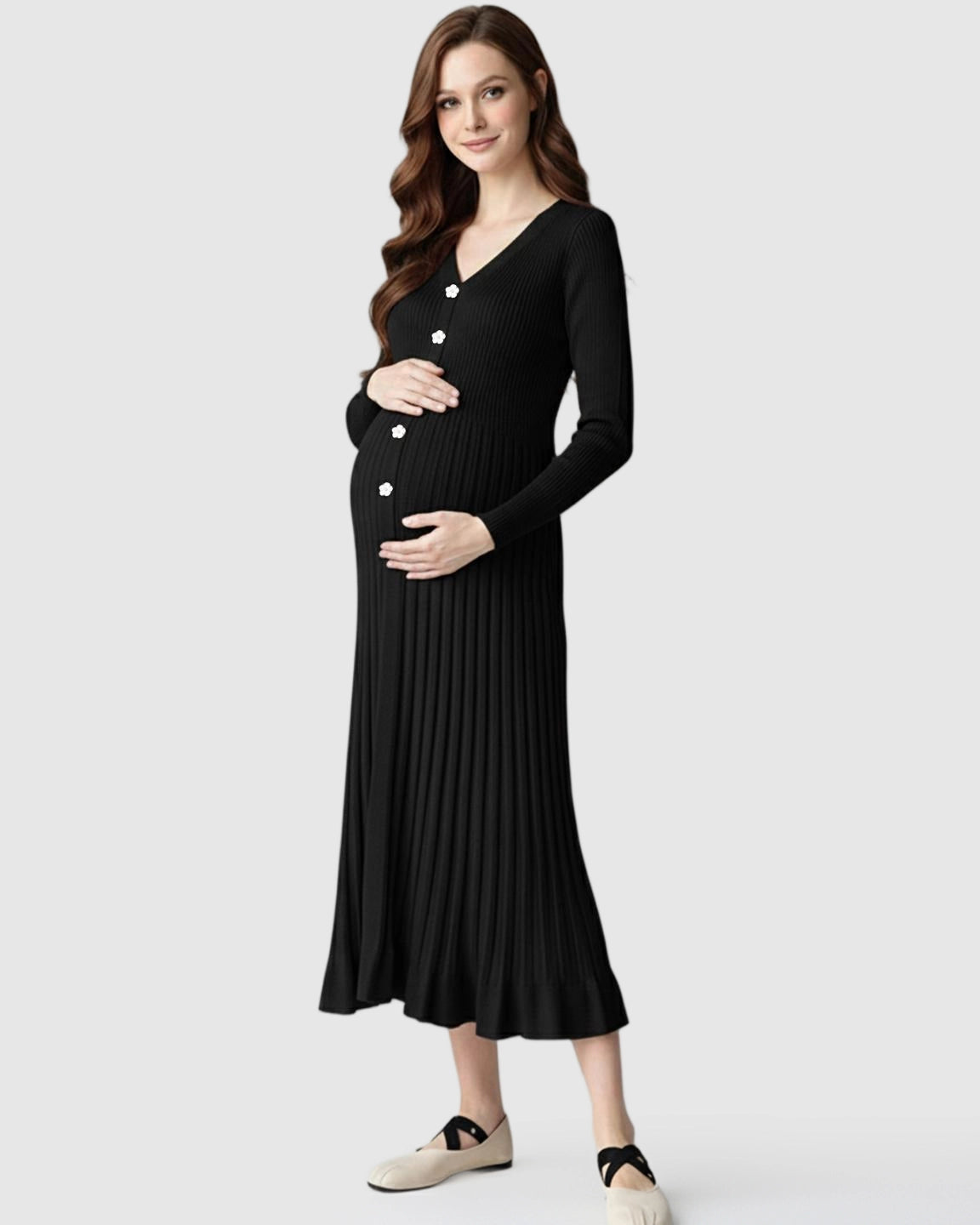 Ribbed Knit Long Sleeve Maternity Midi Dress