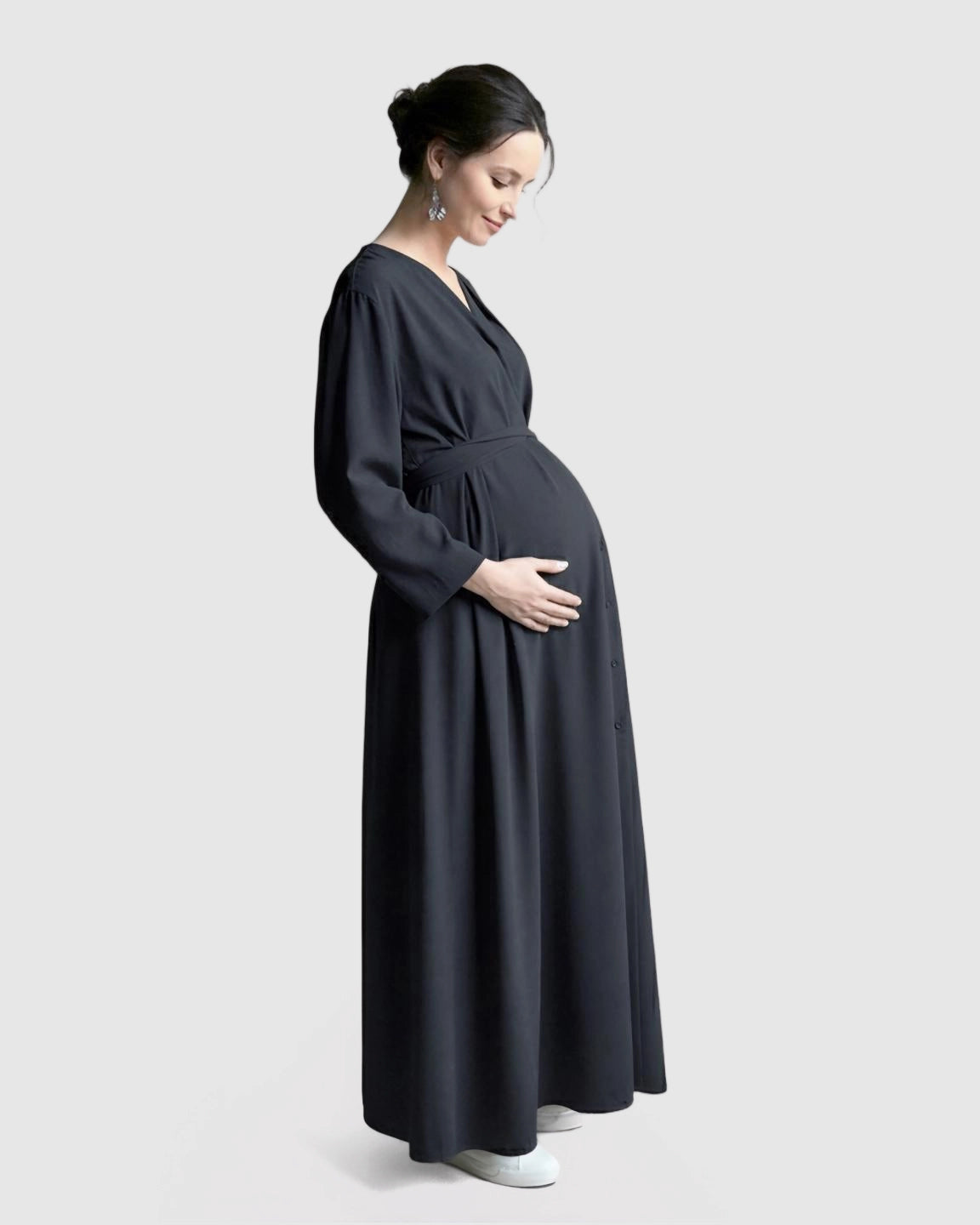 Long Sleeve V-Neck Maternity Maxi Dress with Adjustable Waist