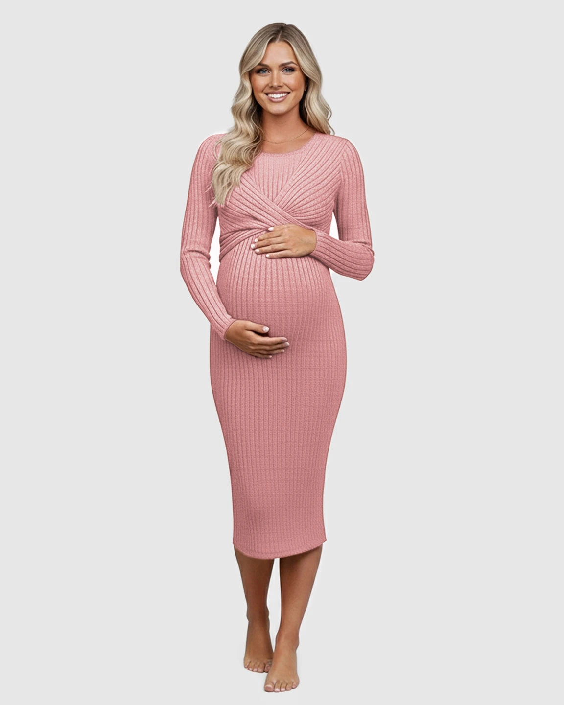 Knot Front Long Sleeve Maternity Midi Dress