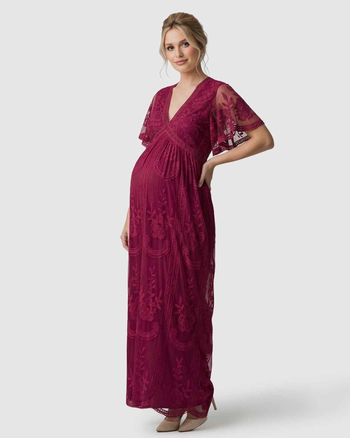 Sheer-Lace Romantic Maternity Maxi Dress
