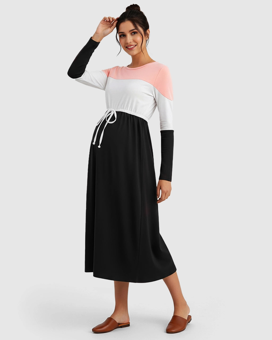 Color-Block Off-Shoulder Drawstring Waist Maternity Dress