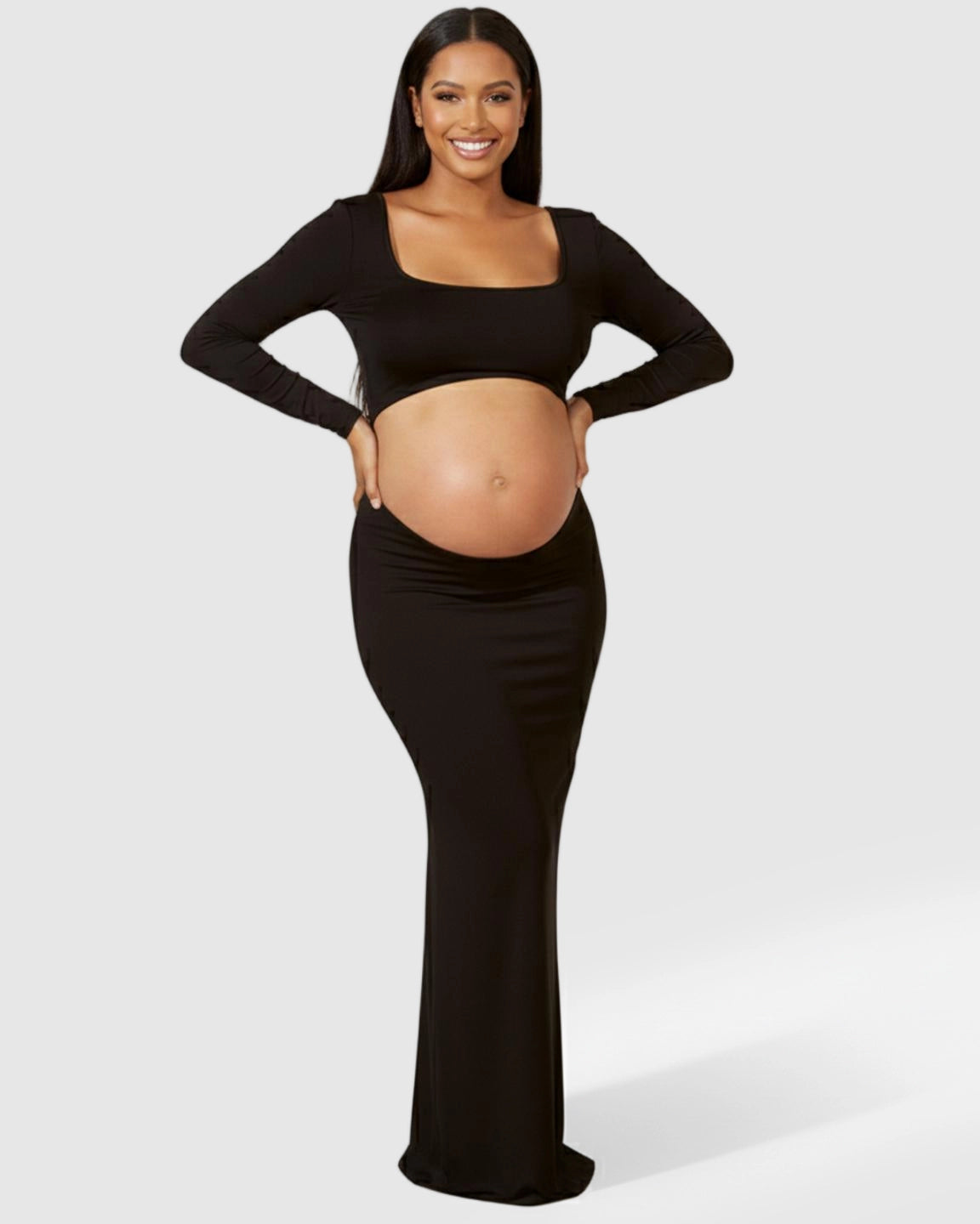 Long Sleeve Bump-Revealing Bodycon Maternity Maxi Dress