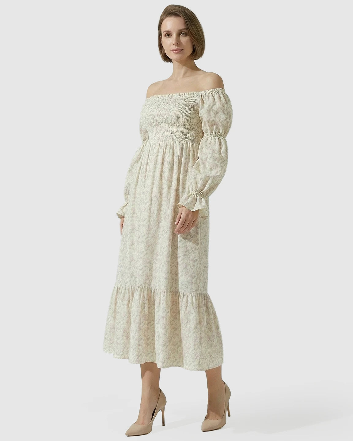 Puff Sleeves Floral Print Maternity Maxi Dress