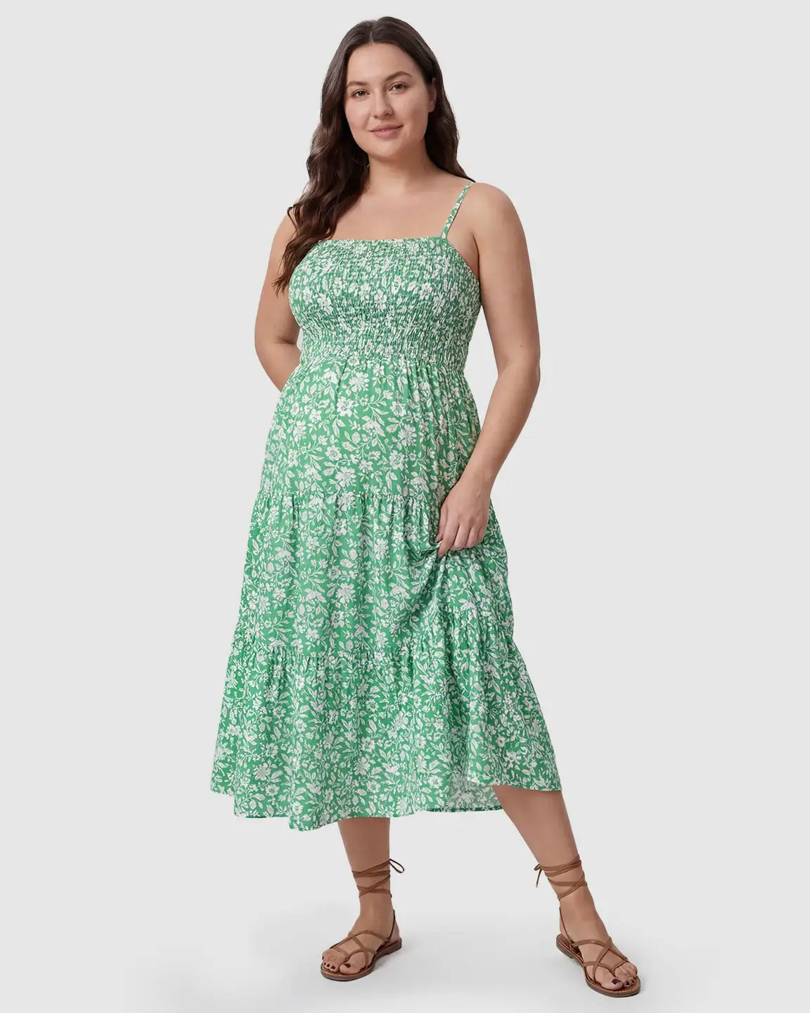 Smocked Floral A-Line Maternity Midi Dress