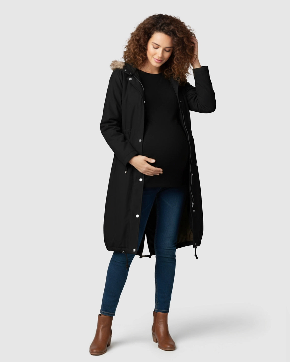Fur Collar Hooded Long Maternity Jacket