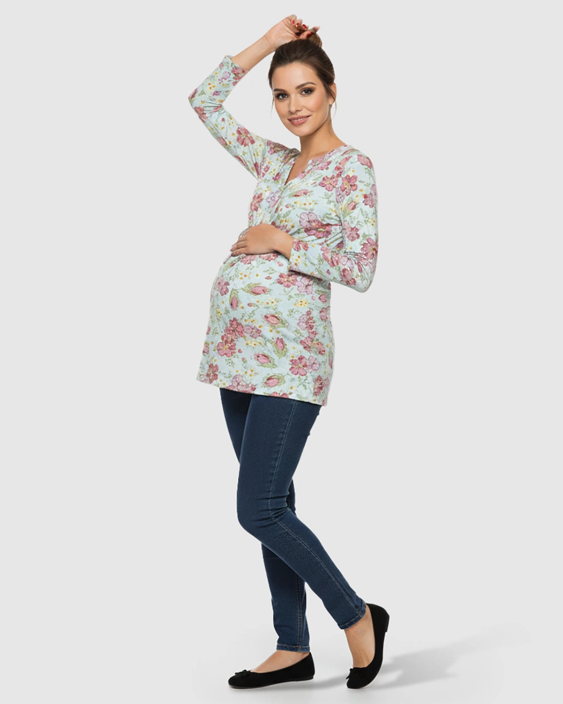 Adjustable Waist Casual Floral Maternity Top