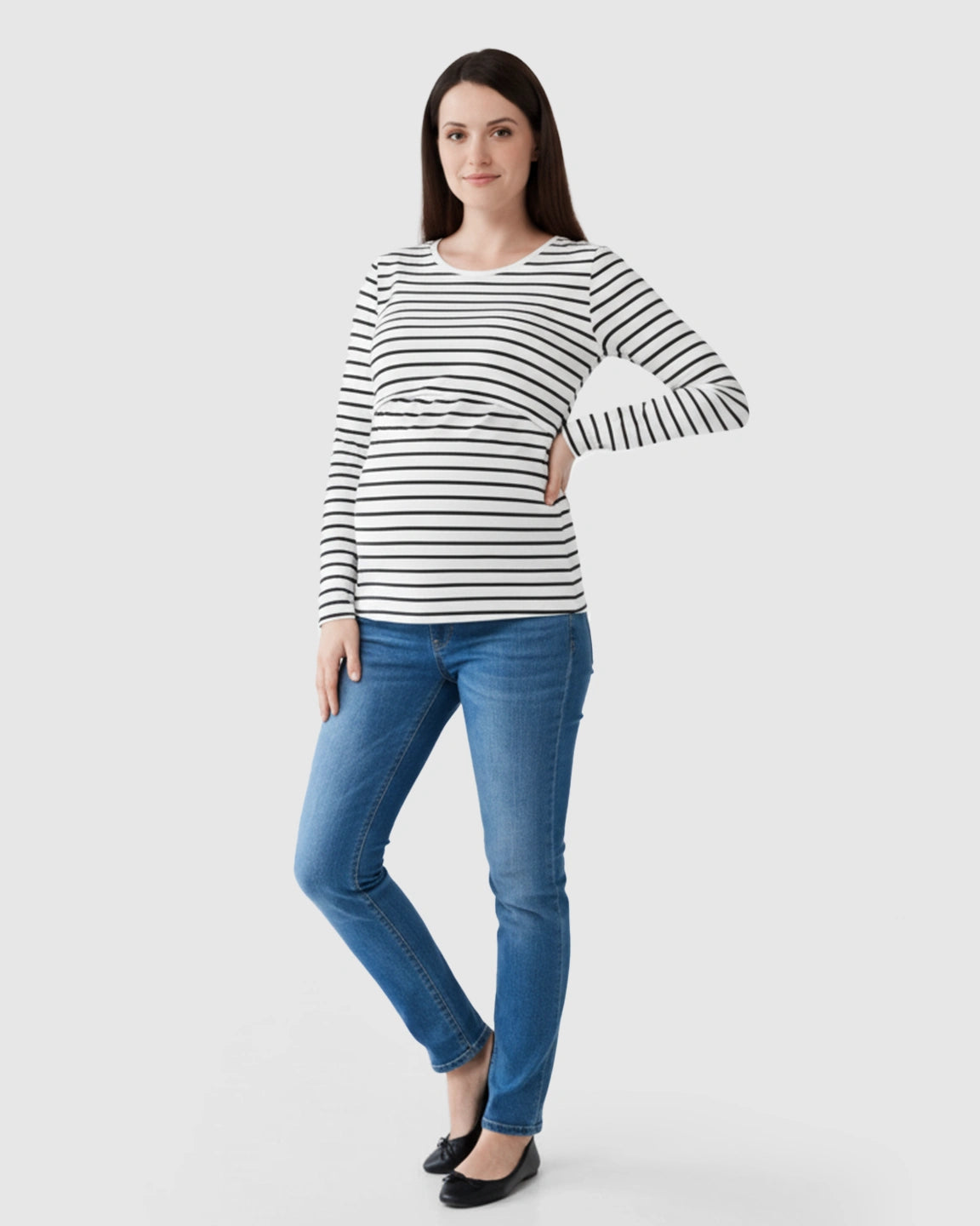 Round Neck Striped Print Maternity & Nursing Top