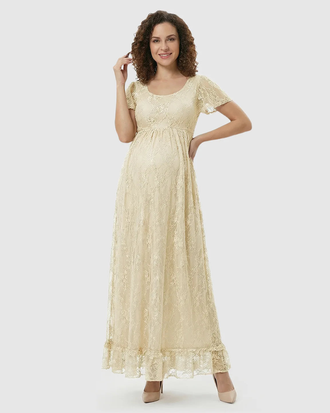 Ruffled Hem Floral Lace Maternity Photoshoot Dress