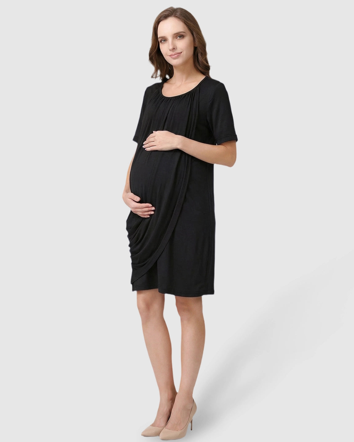 Hidden Nursing Access Draped Maternity Short Dress