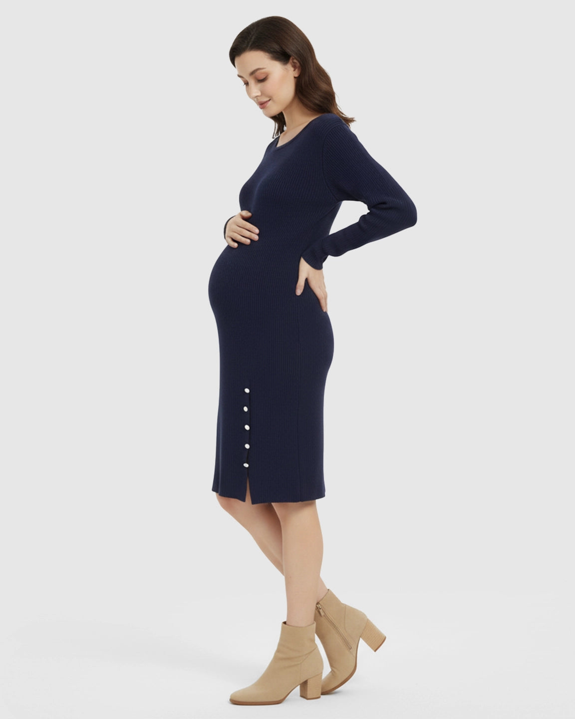 Long-Sleeve Bodycon Maternity Sweater Midi Dress