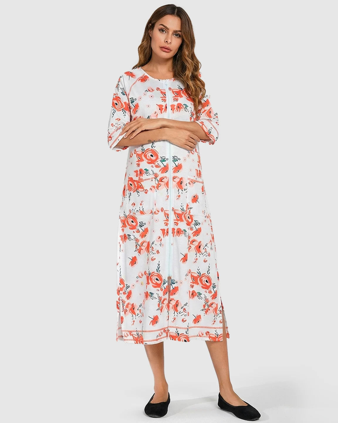 Front Zipper Floral Maternity Nursing Lounge Dress
