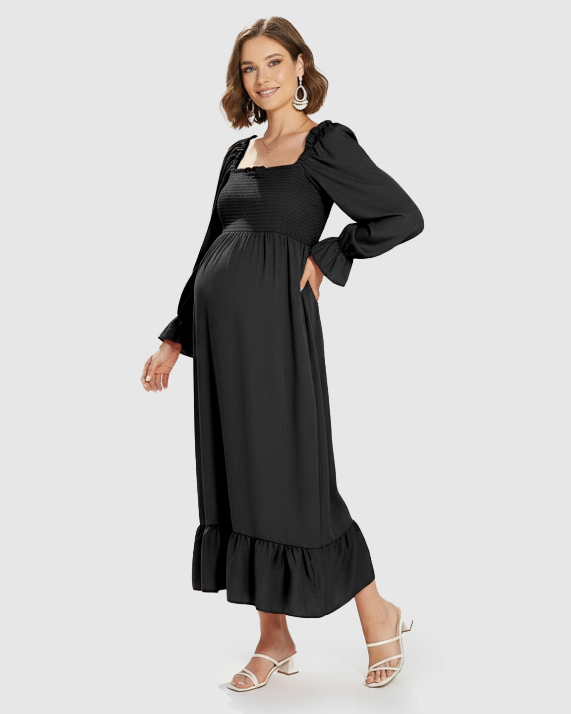 Bishop Sleeves Retro Elegant Maternity Maxi Dress