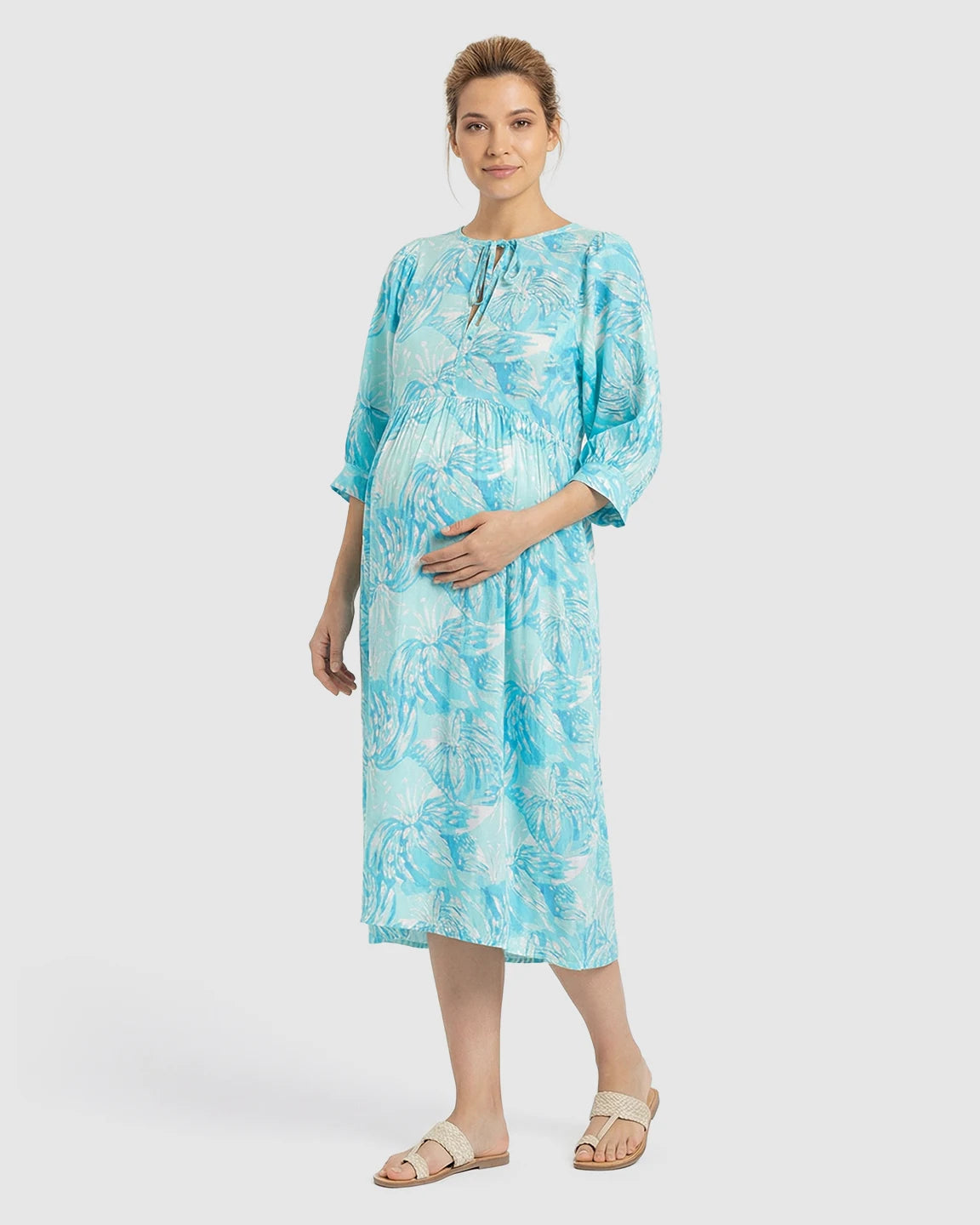 Drawstring Keyhole Neck Floral Maternity Midi Dress