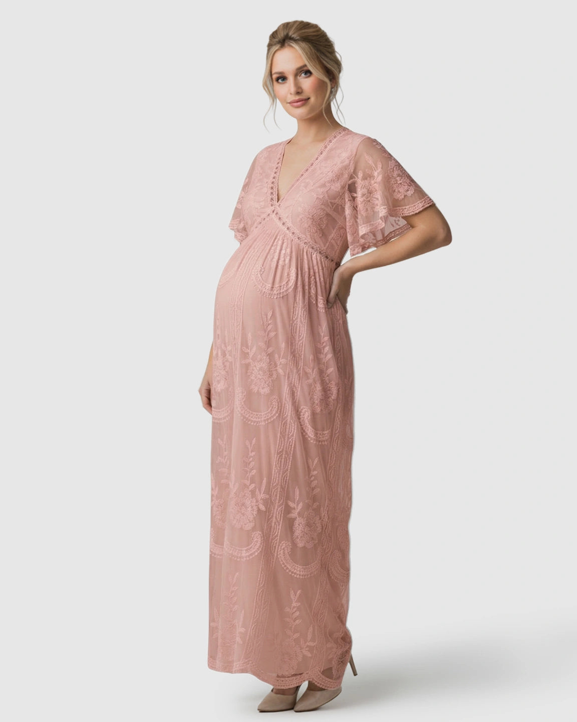 Sheer-Lace Romantic Maternity Maxi Dress