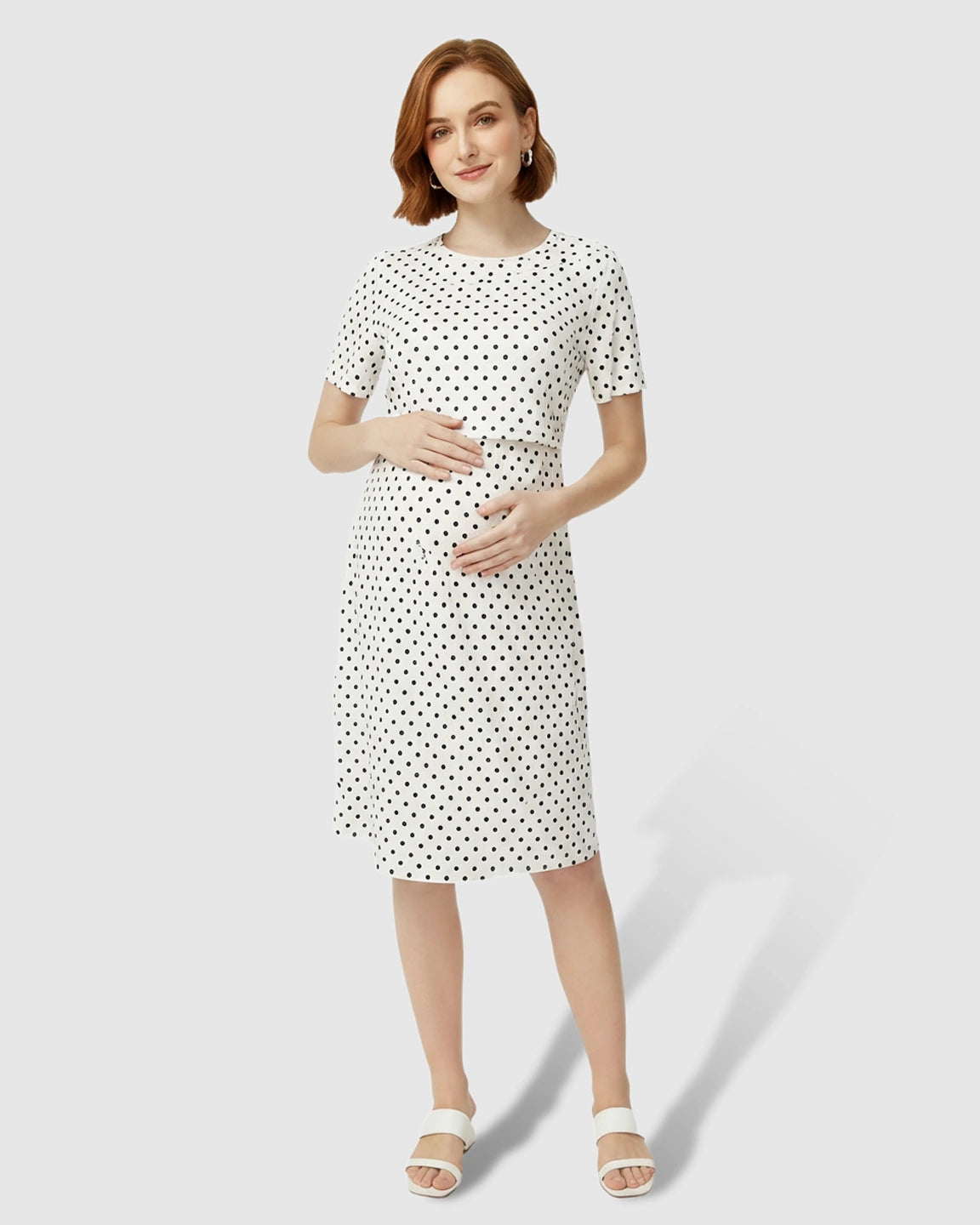 Short Sleeve Polka Dot Print Maternity Midi Dress