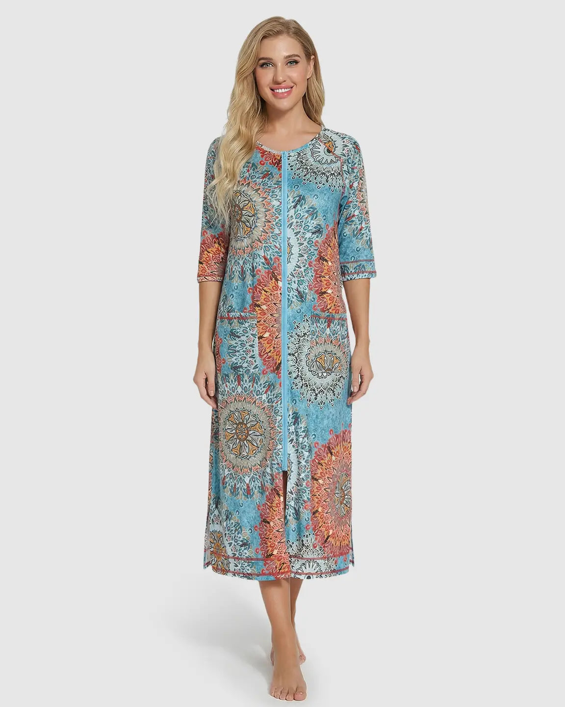Front Zipper Boho Print Maternity Nursing Lounge Dress