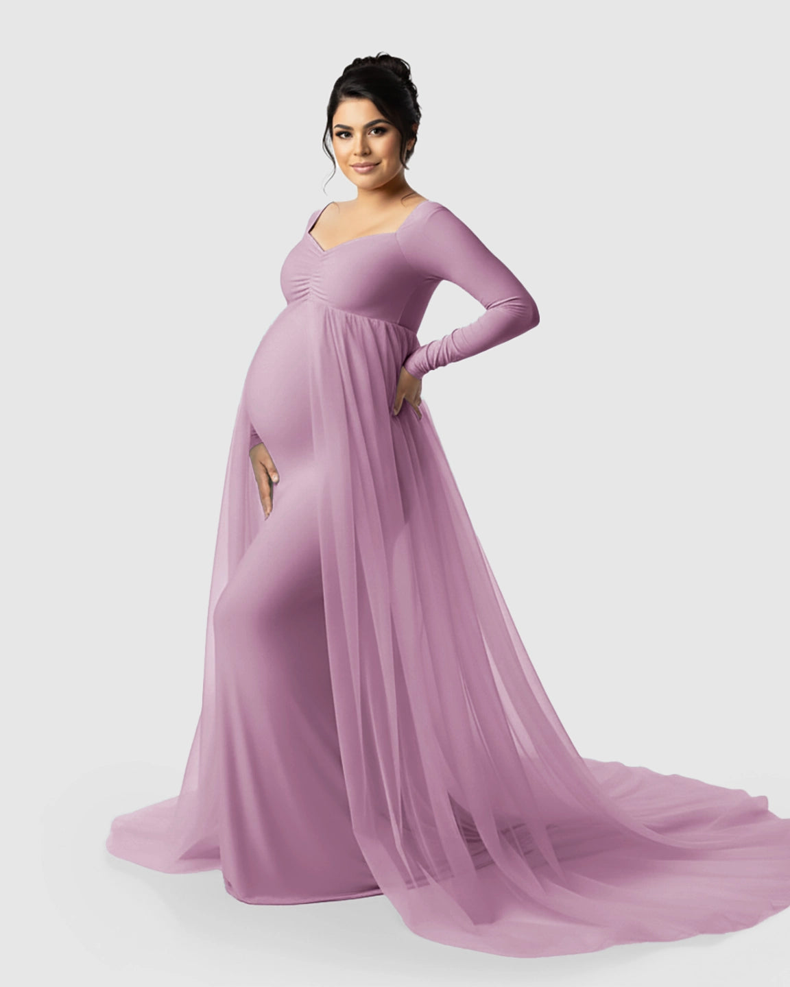 Sheer Mesh Flowy Train Maternity Maxi Dress
