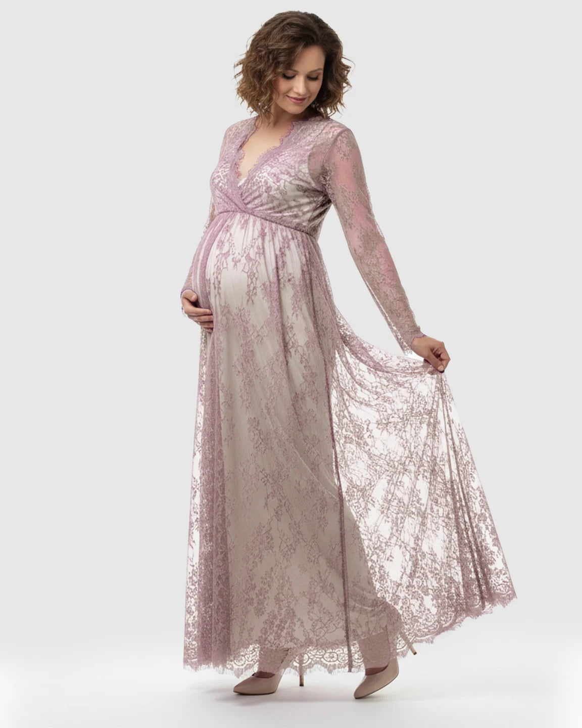 Sheer Floral Lace Empire Waist Maternity Maxi Dress
